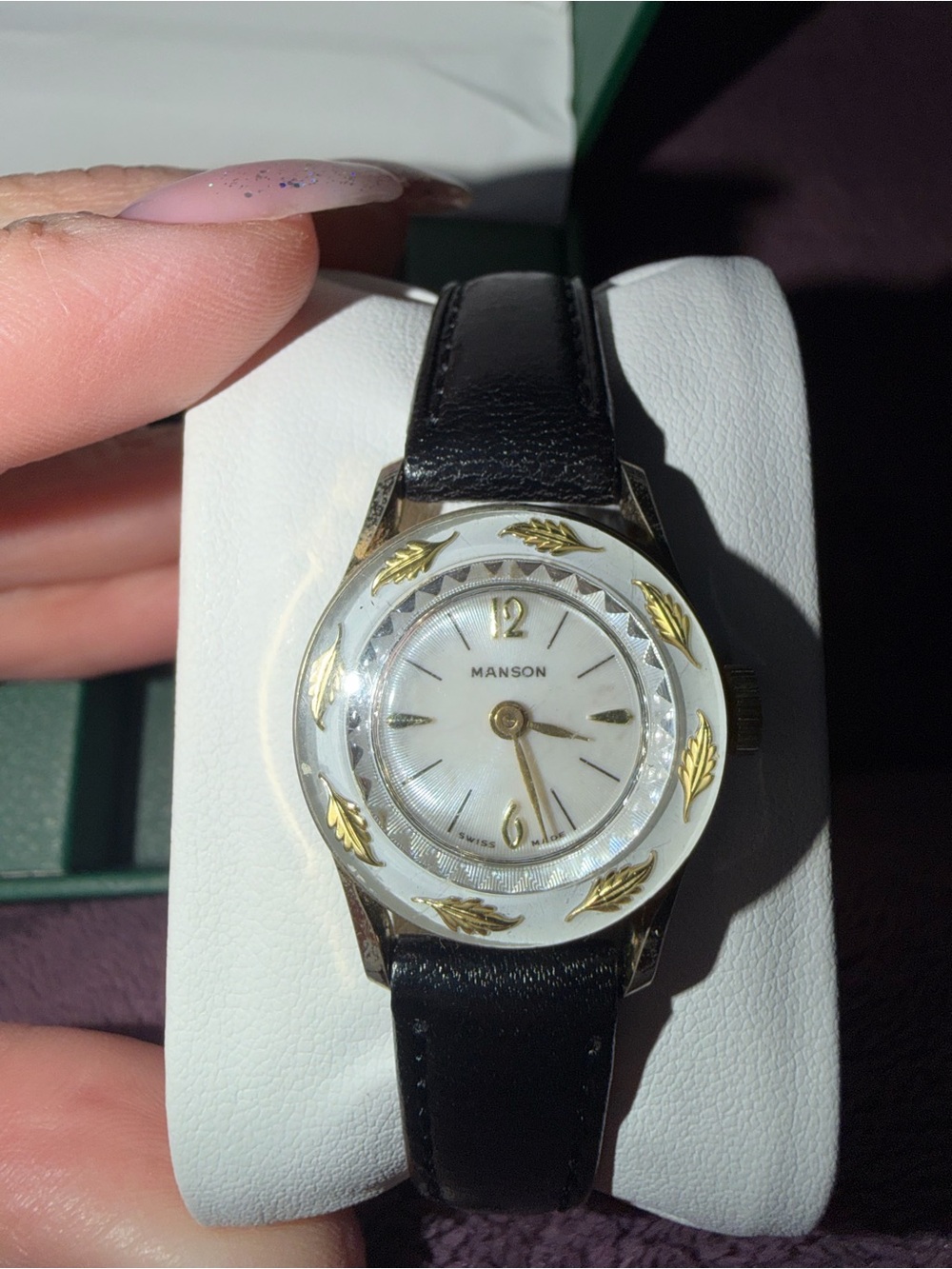 Mason Black Leather Strap Watch with Gold Leaf Accents